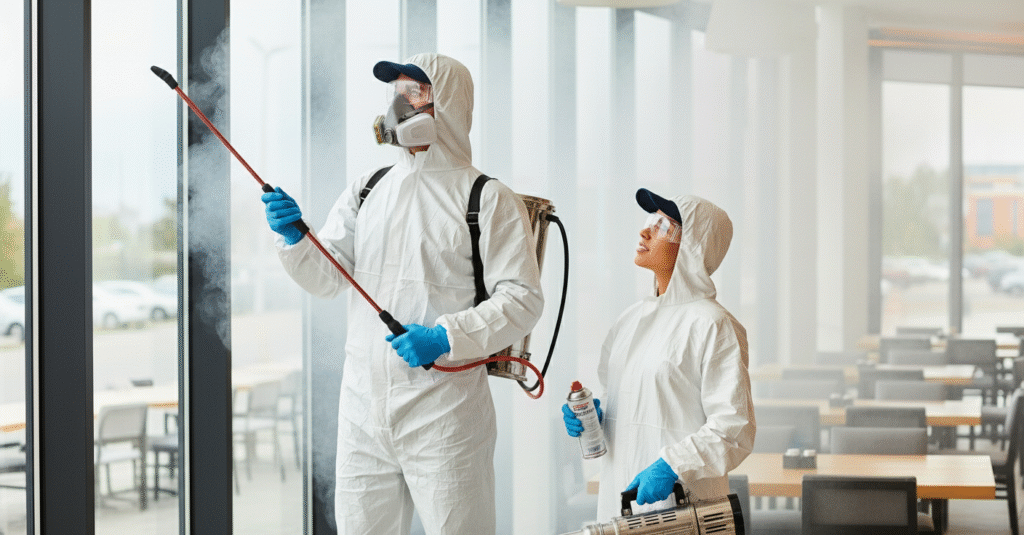 Fumigadores del escuadrón anti-plagas en una fumigación a una empresa de la ciudad de méxico