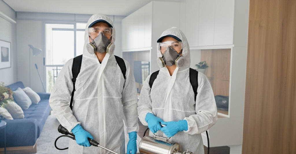 Fumigadores del escuadrón anti-plagas fumigando un departamento en la cdmx