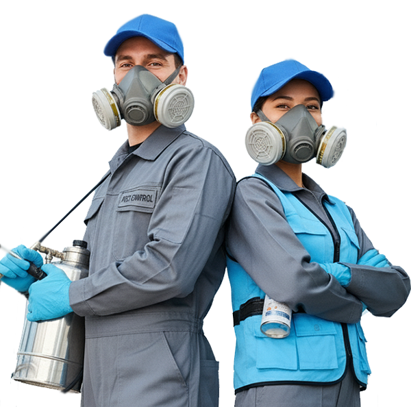 Dos fumigadores del escuadrón anti-plagas con su equipo