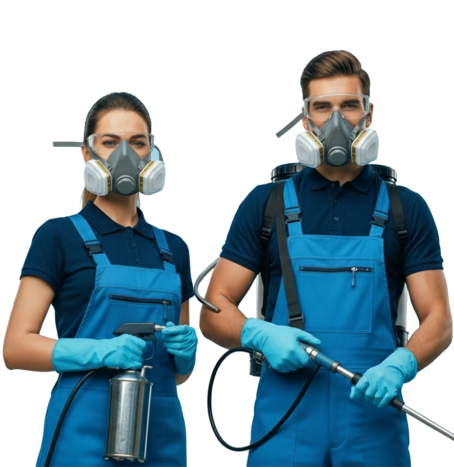 Dos fumigadores de plagas listos para comenzar su trabajo