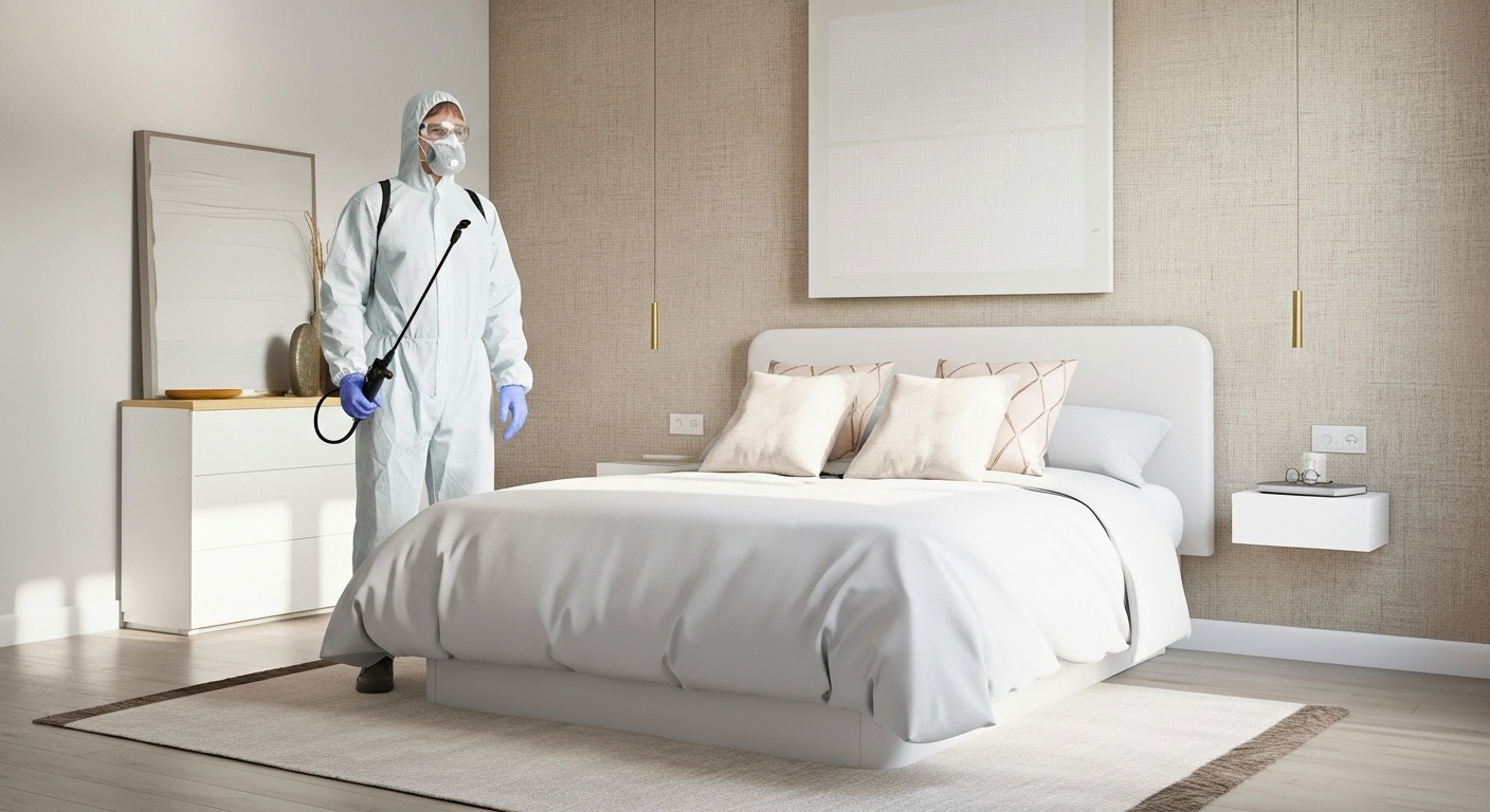 Fumigador de chinches del escuadrón anti-plagas fumigando las chinches de un colchón