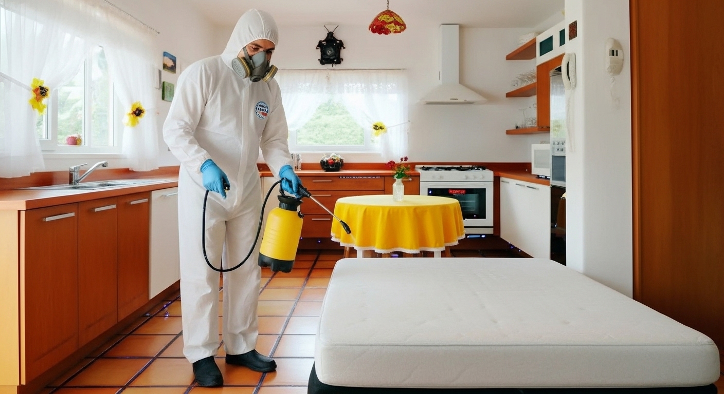 Fumigador realizando una desinfección de cucarachas en una cocina de la cdmx