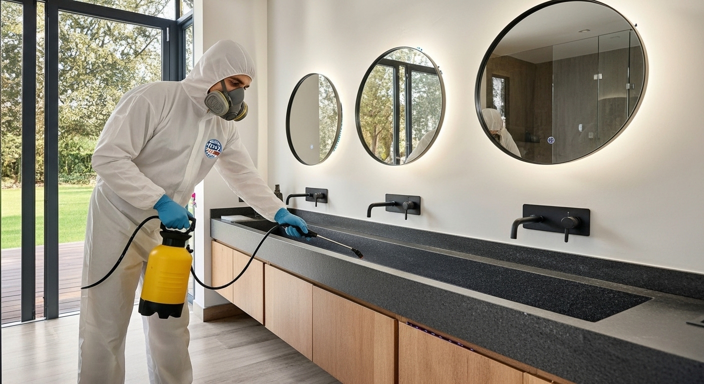 Empleado realizando una fumigación de roedores en un baño de la cdmx