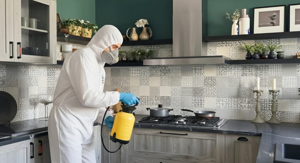 Empleado del Escuadrón Anti-plagas realizando una fumigación de cucarachas en una cocina de la ciudad de méxico