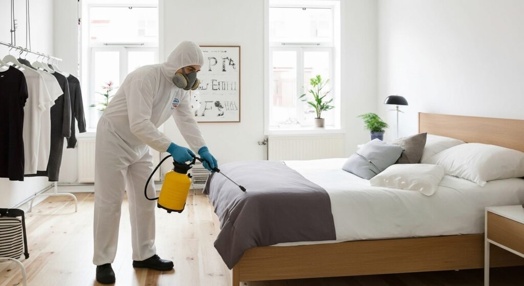 Fumigador rociando veneno para eliminar las chinches de un colchón