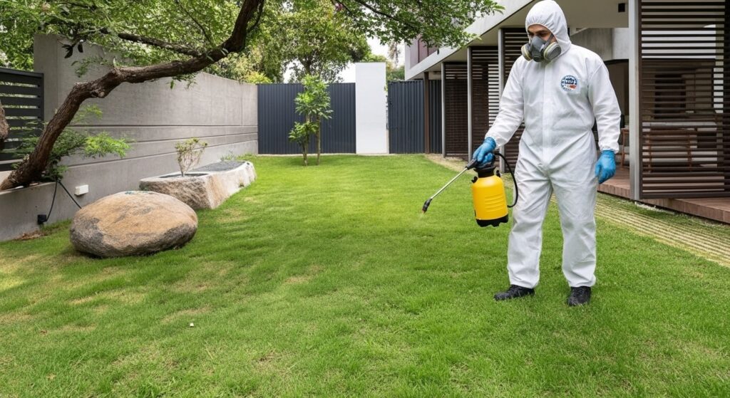 Empleado realizando una fumigación de hormigas en el patio de una casa